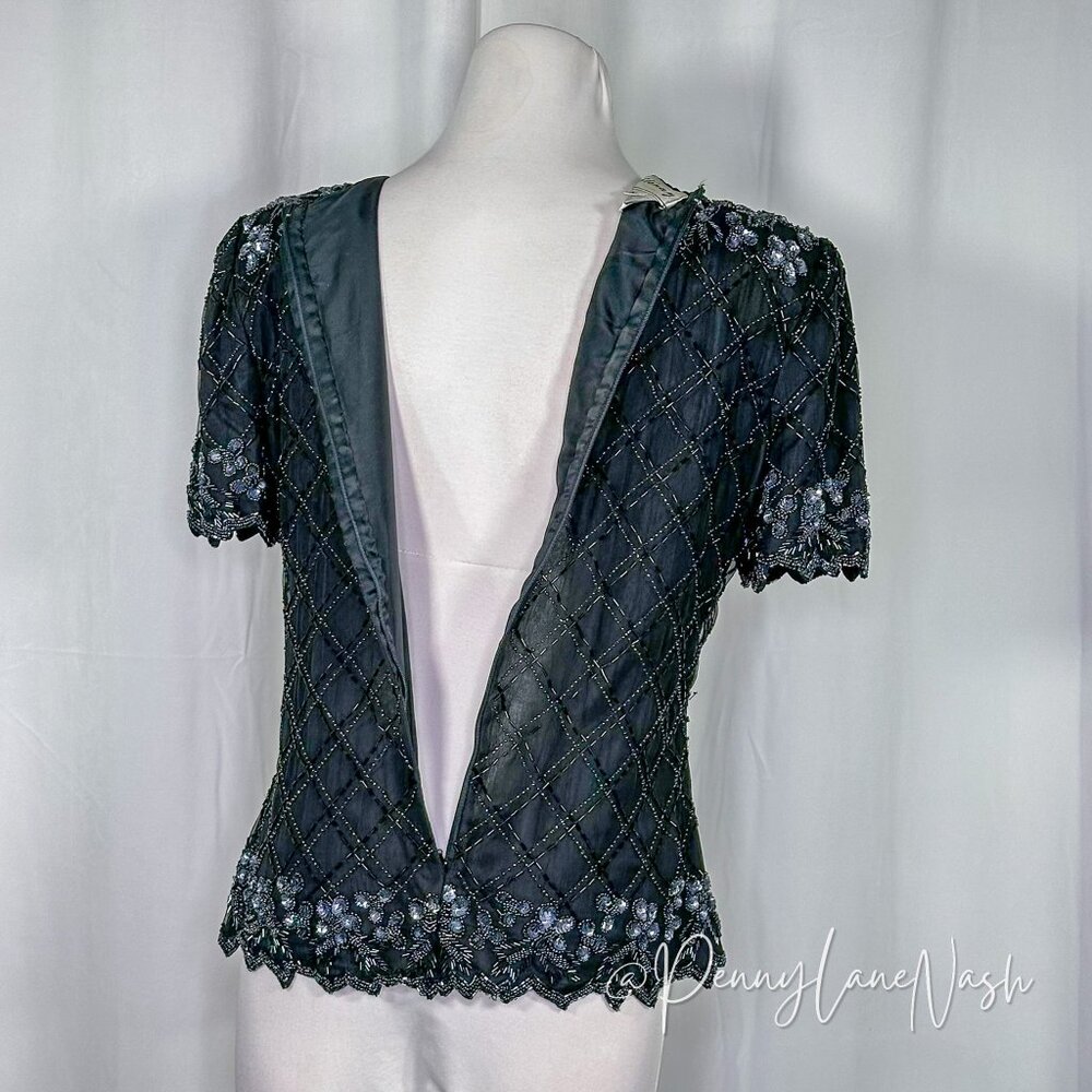 Stenay Vintage 80'S Floral Sequin Beaded Mesh Trim Blouse Black - Picture 8 of 14